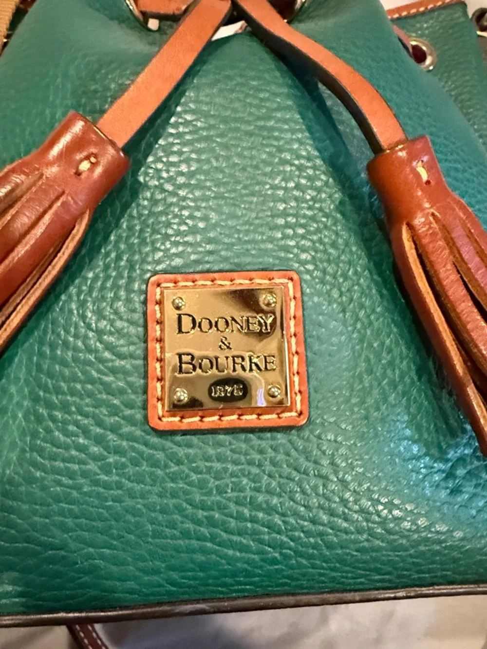 Dooney & Bourke Green Leather Drawstring Tassel Crossbody with Brown Trim - Picture 3 of 4